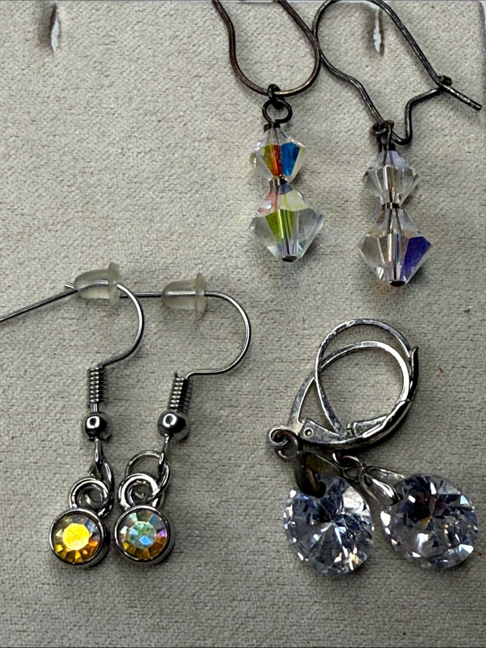 Vintage dainty crystal bead Drop Earrings Set in Clear Aurora Borealis 3 pairs